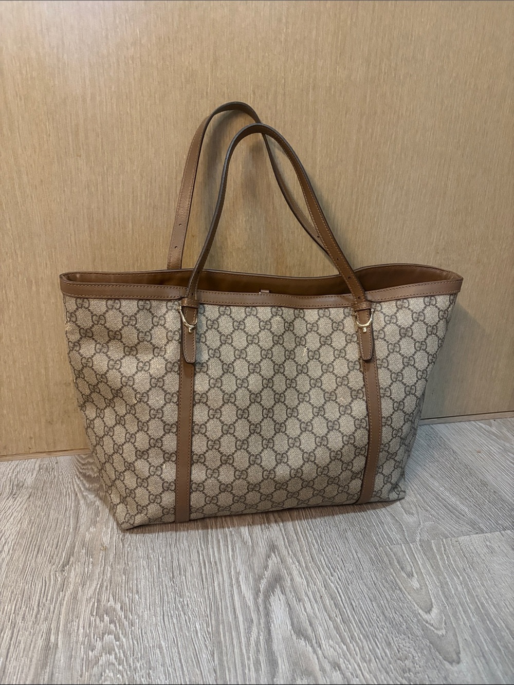 AuthenticGucci Beige/Brown GG Canvas Shoulder Tote Bag with Leather Trim